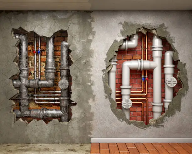 Photo of A hole in old concrete wall with weathered and damaged plumbing pipes inside and a hole in renovated wall with new pvc pipes inside, plumbing renovation concept, 3d illustration