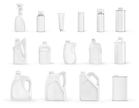 Set of different white detergents bottles on a white background. 3d illustration