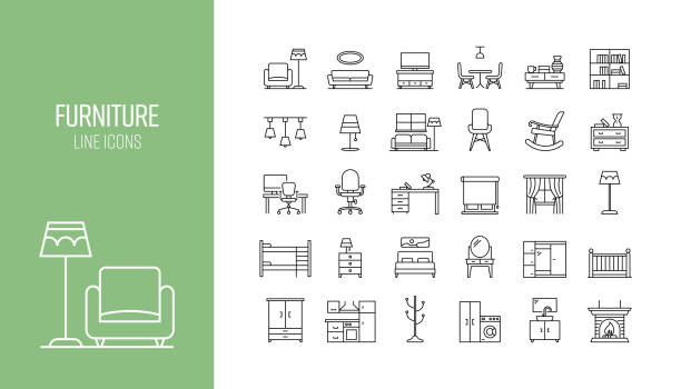 Set of Furniture Related Line Icons. Outline Symbol Collection Set of Furniture Related Line Icons. Outline Symbol Collection bedroom stock illustrations