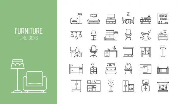 Vector illustration of Set of Furniture Related Line Icons. Outline Symbol Collection