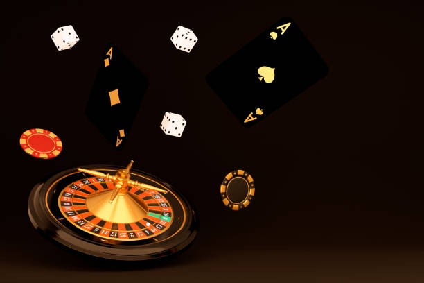 istock 3d render roulette wheel, aces play cards, chips and playing dices on black background. Gambling concept design. 3d rendering illustration. 1384338425