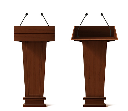 Realistic pedestal tribune and podium with microphones for speech isolated vector illustration