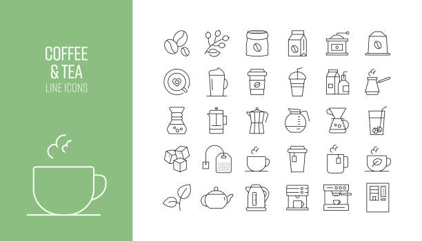 satz von kaffee- und tee-bezogenen liniensymbolen. outline symbol-auflistung - sugar leaf stock-grafiken, -clipart, -cartoons und -symbole