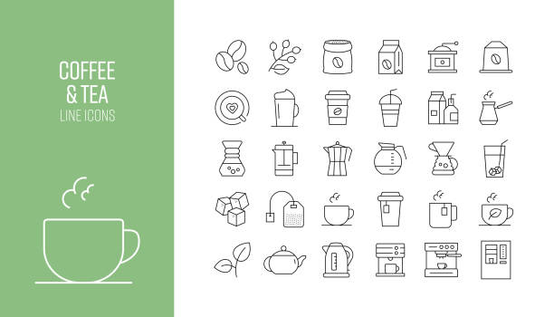 illustrations, cliparts, dessins animés et icônes de ensemble d’icônes de ligne liées au café et au thé. collection de symboles de contour - leaf cup breakfast drink