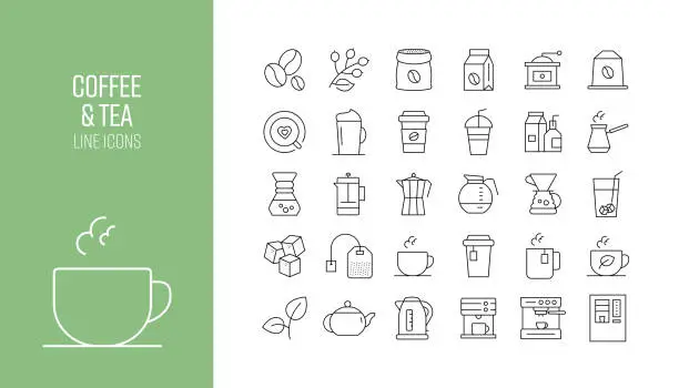 Vector illustration of Set of Coffee and Tea Related Line Icons. Outline Symbol Collection