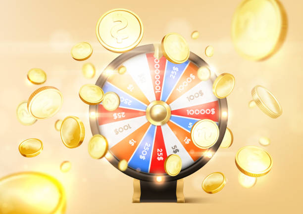 istock Vector illustration spinning fortune wheel on explosion of gold coins background. 1384340099