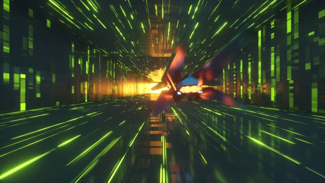 Spaceship flying through futuristic corridor