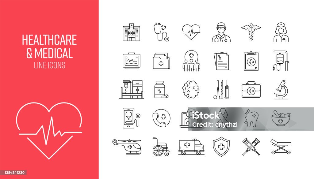 Set of Healthcare and Medical Related Line Icons. Outline Symbol Collection Icon stock vector