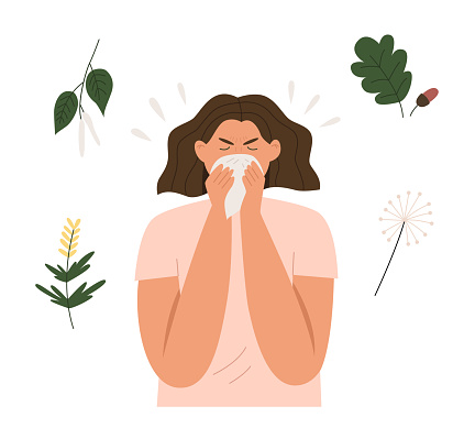 Woman sneezes from plant allergy. Allergy to birch, dandelion, oak. Flat vector illustration.
