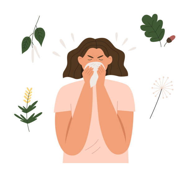 Woman sneezes from plant allergy Woman sneezes from plant allergy. Allergy to birch, dandelion, oak. Flat vector illustration. allergy stock illustrations