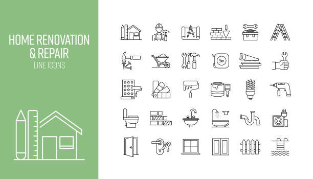 illustrazioni stock, clip art, cartoni animati e icone di tendenza di set di icone di linea relative alla ristrutturazione e alla riparazione della casa. raccolta di simboli di contorno - housing project immagine