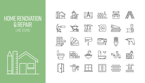 zestaw ikon linii związanych z renowacją i naprawą domu. kolekcja symboli konturu - home addition stock illustrations