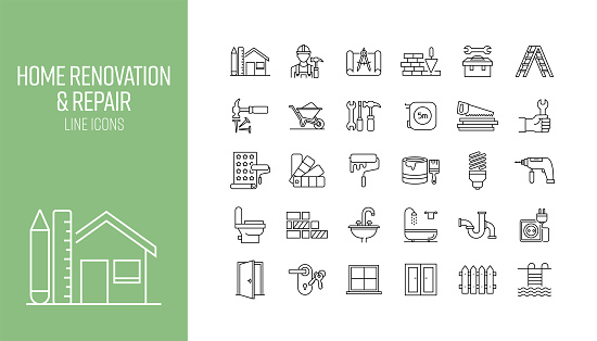 Set of Home Renovation and Repair Related Line Icons. Outline Symbol Collection