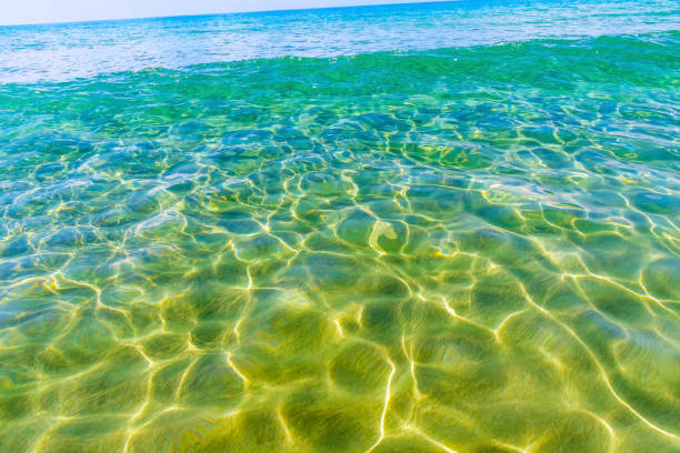 Azure water of Mediterranean sea at Cefalu beach, Cefalu town, Sicily, Italy. One of the best beach on Sicily