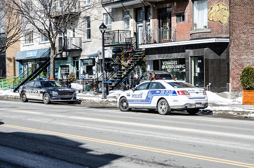Two police cars in front of store on St-Denis Street in Montreal during day of winter