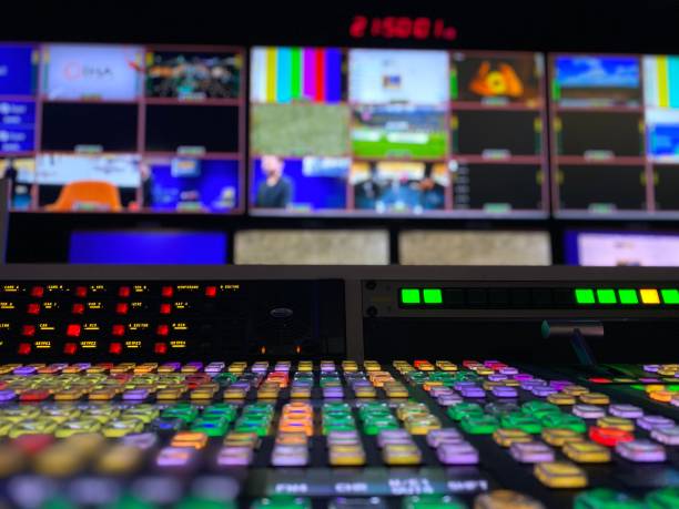Equipment in broadcasting stock photo Equipment for producing television programs and broadcasting. photo editing screen stock pictures, royalty-free photos & images