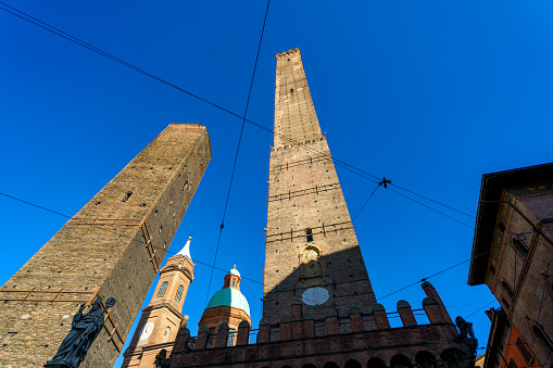 Low angle view of Two Towers (Due Torri), Asinelli and Garisenda, Bologna, Italy