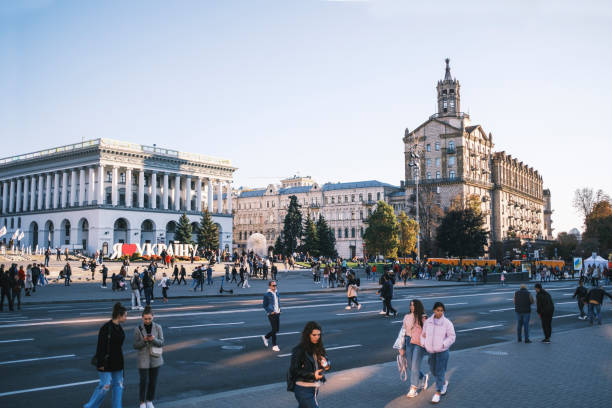 People hanging around Khreschatyk Street Independence Square, Kyiv 3.10.2021