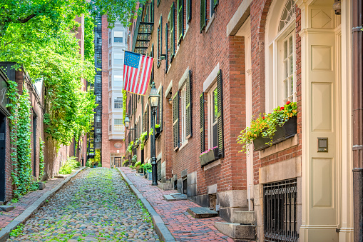 Historic brownstone townhomes in the landmark Beacon Hill district of Boston Massachusetts USA.
