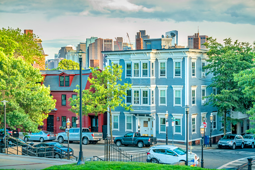 Bunker Hill in the historic Charlestown district with downtown Boston in the distance, Massachusetts, USA.