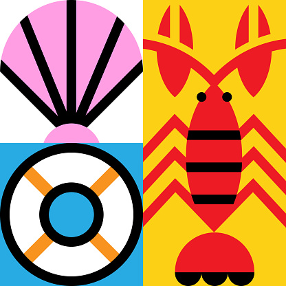 Simple Illustration set in geometric flat color style highlighting a shell, lobster and life preserver.