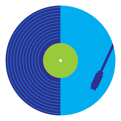 Vector illustration of a an abstract blue vinyl record on a white square background.