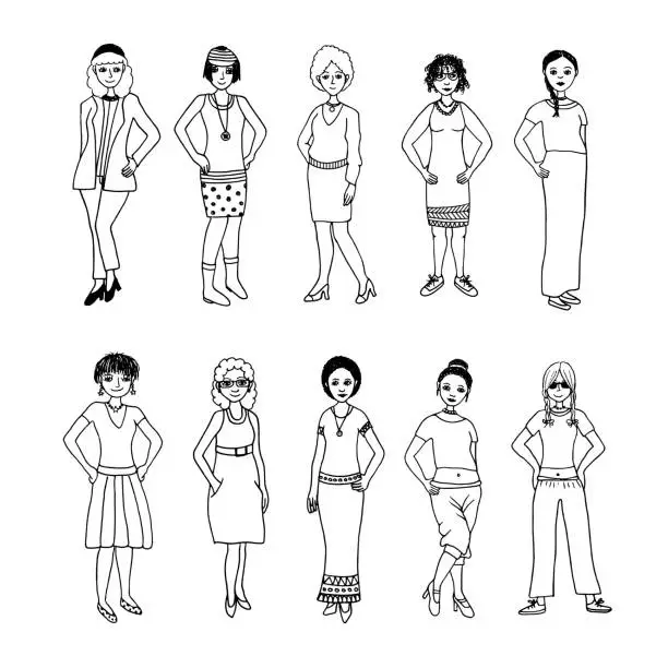 Vector illustration of Hand drawn doodle women in different outfits - Set 2