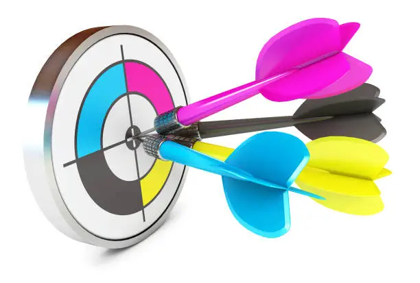 Darts hitting directly in bulls eye. CMYK. Conceptual illustration. Isolated on white background. 3d render