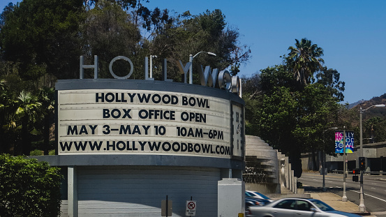 Los Angeles CA USA. March 03,2015: Roads and bulletin boards near the entrance to the Hollywood Bowl.