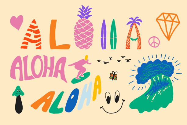 hawaiianische vektormenge. aloha hawaii elements kollektion - aquarell grafiken stock-grafiken, -clipart, -cartoons und -symbole