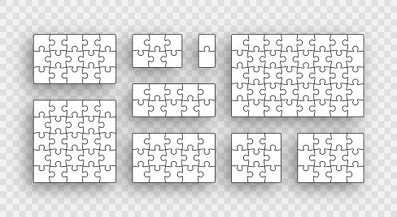 Puzzle pieces set. Jigsaw outline grid. Scheme of thinking game. Modern background with separate shapes. Simple frame tiles. Laser cutting template. Mosaic silhouette. Vector illustration.