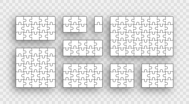 Puzzle grid. Jigsaw with separate pieces. Vector illustration. Puzzle pieces set. Jigsaw outline grid. Scheme of thinking game. Modern background with separate shapes. Simple frame tiles. Laser cutting template. Mosaic silhouette. Vector illustration. puzzle stock illustrations