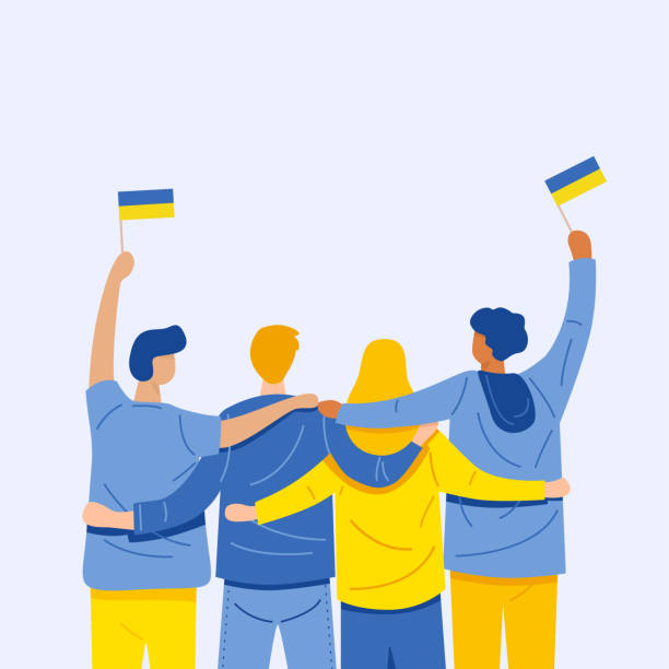 一緒に抱き合い、ウクライナの旗を保持している人々のバックビュー。 - eastern european illustrations点のイラスト素材／クリップアート素材／マンガ素材／アイコン素材