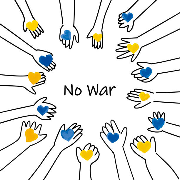 NO WAR and hands with  blue and yellow hearts simple frame NO WAR and hands with hearts line simple frame illustration blue and yellow, vector support borders stock illustrations