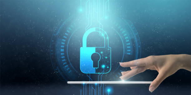 istock Double exposure of Protect against cyber threats, a businessman is testing his network connection with a shield protector. Personal data security padlock, network security system concept 1384372427