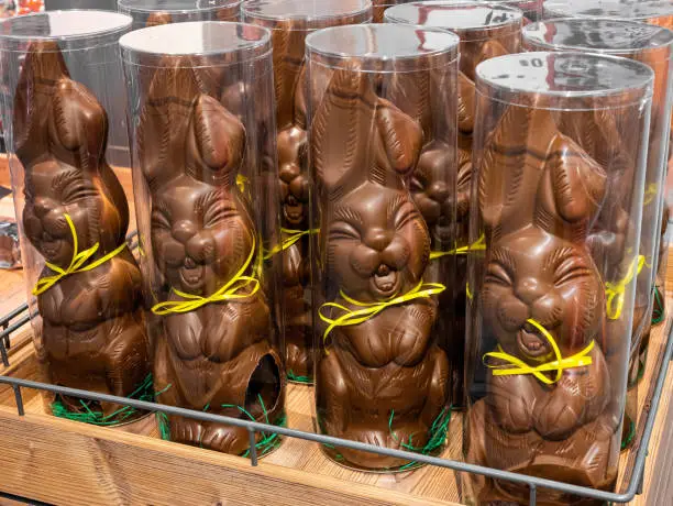 Photo of Chocolate Easter bunny in supermarket to sell before Easter 2022
