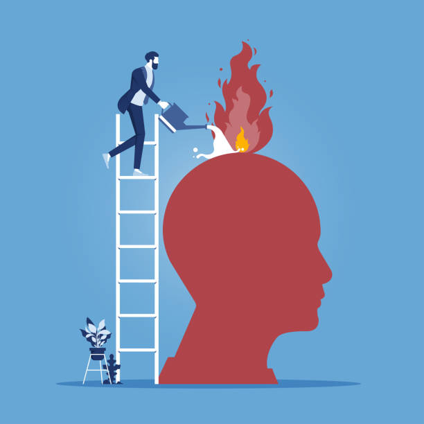 Psychological therapy help concept Businessman with watering can putting out fire in burning brain, psychological therapy help concept. burnout, stress, emotional problem, mental illness burnout stock illustrations