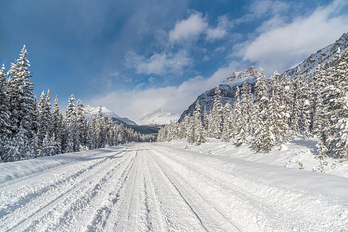 Views of Jasper Park along the Icefields Pkwy in winter time