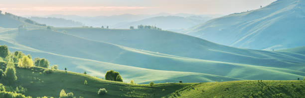 istock Evening light and spring greenery of hills and mountain slopes, panoramic 1384412383