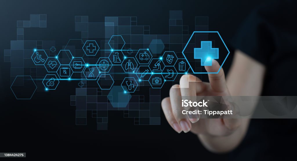 Medical technology, Telemedicine, virtual hospital, E-health, online medical concept Medical technology, Telemedicine, virtual hospital, online medical concept. Woman hand touching health button on virtual screen with medical icons set on dark background Healthcare And Medicine Stock Photo