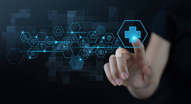 Medical technology, Telemedicine, virtual hospital, E-health, online medical concept Medical technology, Telemedicine, virtual hospital, online medical concept. Woman hand touching health button on virtual screen with medical icons set on dark background healthcare technology stock pictures, royalty-free photos & images