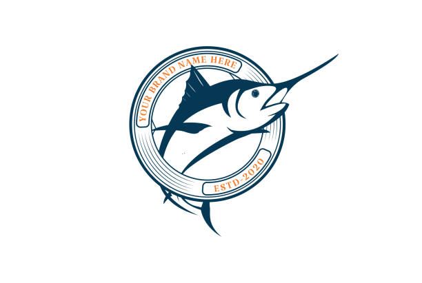 ilustrações de stock, clip art, desenhos animados e ícones de circular round jumping marlin sword fish badge emblem label for angler club emblem design vector - marlin sailfish nature saltwater fish