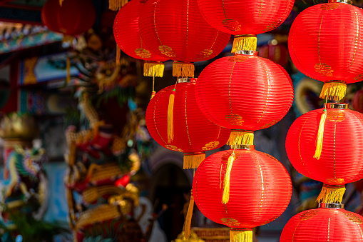 red lantern decoration for Chinese New Year Festival at Chinese shrine Ancient chinese art with the Chinese alphabet Blessings written on it Is a Fortune blessing compliment,Is a public place Thailand