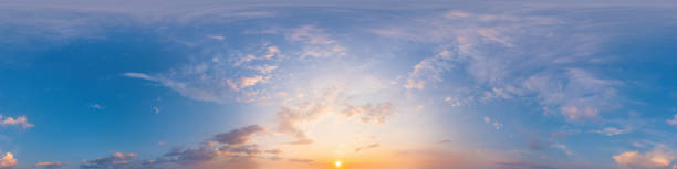 panorama of a dark blue sunset sky with pink cirrus clouds. seamless hdr 360 panorama in spherical equiangular format. full zenith for 3d visualization, sky replacement for aerial drone panoramas - sky only imagens e fotografias de stock