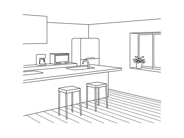 Vector illustration of Kitchen line perspective illustration