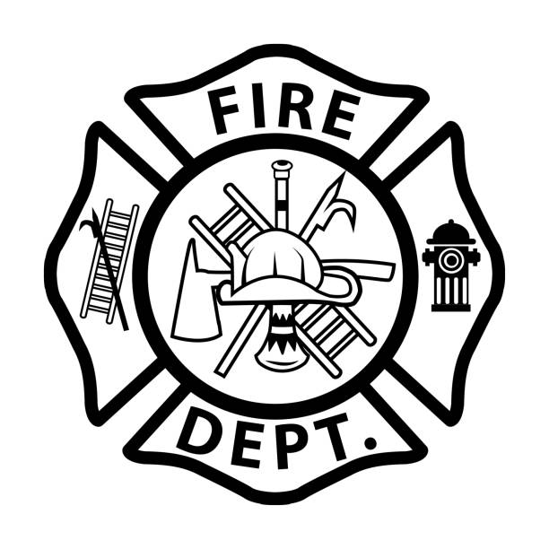 ilustrações, clipart, desenhos animados e ícones de sinal de emblema bombeiro no fundo branco. bombeiro"u2019s st florian maltese cruz. símbolo do corpo de bombeiros. - bombeiro
