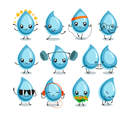 Water drops cute characters set. Vector illustrations of funny blue aqua mascots. Cartoon sad and happy faces of cold clear raindrops or splash of liquid isolated on white. Rain, kawaii concept