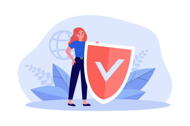 Tiny woman holding online virus protection shield Tiny woman holding online virus protection shield. Person protecting data from risk of cyber attack flat vector illustration. Antivirus, defense concept for banner, website design or landing web page crime illustrations stock illustrations