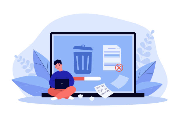 Man removing data files or documents to trash bin Man removing data files or documents to trash bin. Tiny person cleaning laptop with cleansing app flat vector illustration. Software, service concept for banner, website design or landing web page laptop in a trash bin stock illustrations