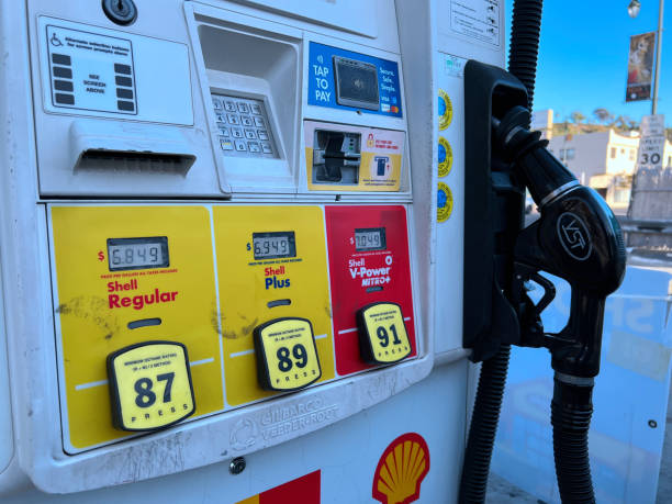 March 2022, the most expensive Shell Gasoline Station at Los Angeles Chinatown is leading the price to $7 per Gallon stock photo